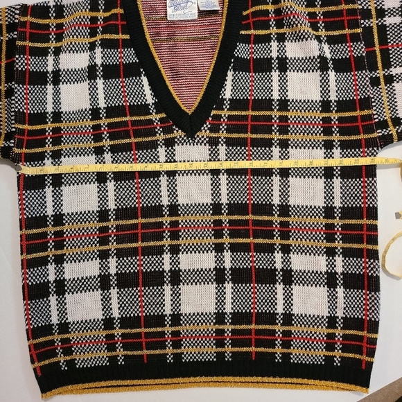 VTG Midnight Blues Metallic Plaid V Neck Sweater MED 90's Academia Relaxed Retro - Picture 9 of 10
